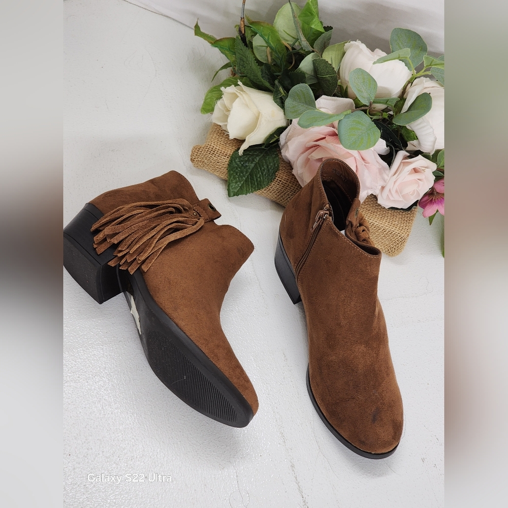Brown Suede Ankle Boots with Fringe - Picture 1 of 13
